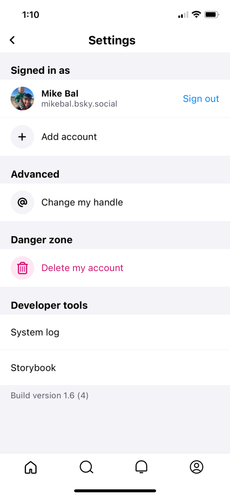 Una captura de pantalla de la aplicación Bluesky que muestra la configuración de la cuenta y la opción para cambiar el nombre de usuario. 